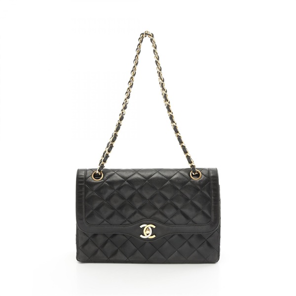 CHANEL Matelasse W flap Chain Shoulder Bag Lamb sheep leather Black Used GHW CC