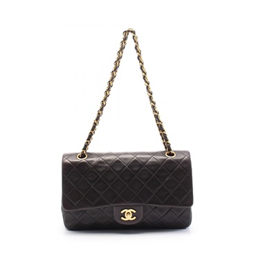 CHANEL Matelasse W flap Chain Shoulder Bag A01112 Lamb leather Black Used GHW