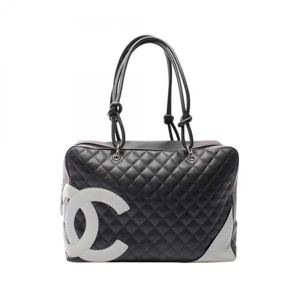 CHANEL Cambon line Hand bowling bag leather Black Gray Used SHW