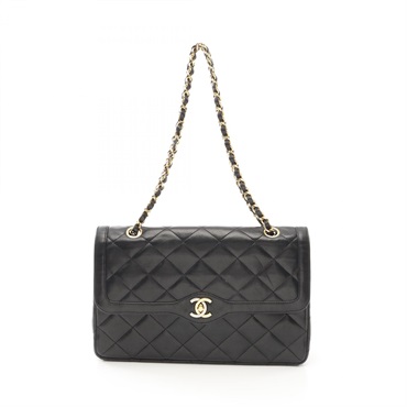 CHANEL Matelasse W flap Shoulder Bag Lambskin Black Used