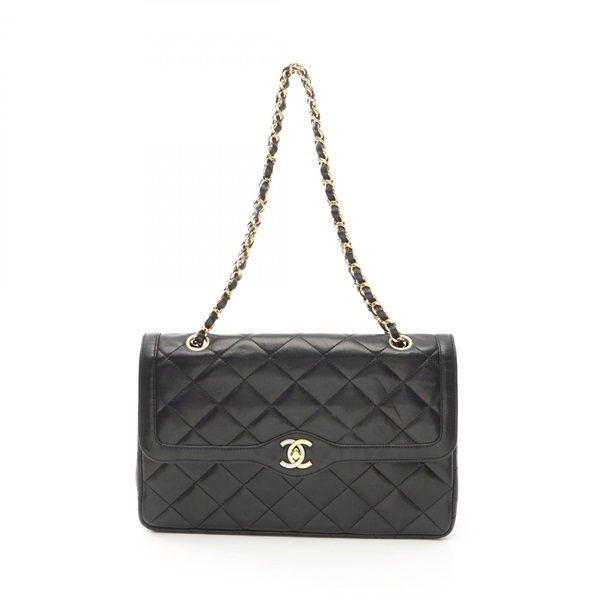 CHANEL Matelasse W flap Shoulder Bag Lambskin Black Used