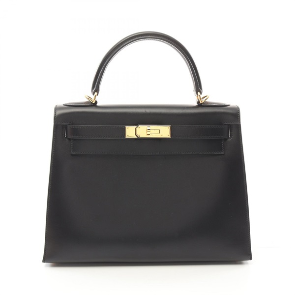 HERMES Kelly 28 Hand shoulder bag F Outside stitched Box calf leather Black GHW