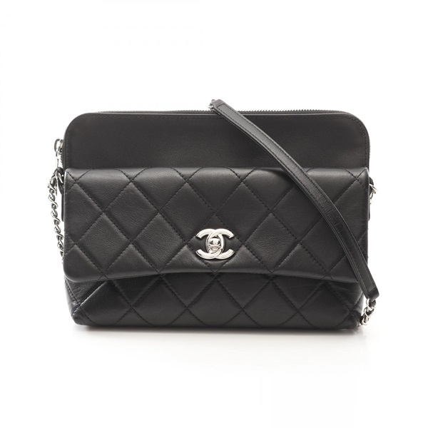 CHANEL Matelasse Shoulder crossbody Bag Lambskin Black Used SHW