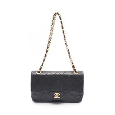 CHANEL Matelasse W flap Shoulder Bag A01113 Lamb sheep leather Black Used Women