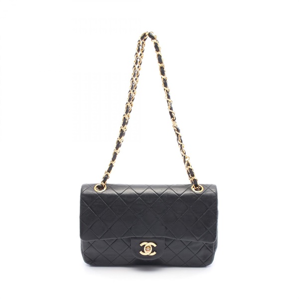 CHANEL Matelasse W flap Shoulder Bag A01113 Lamb sheep leather Black Used Women