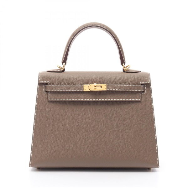 HERMES Kelly 25 Shoulder Handbag B Outside Stitched Epsom leather Etoupe GHW