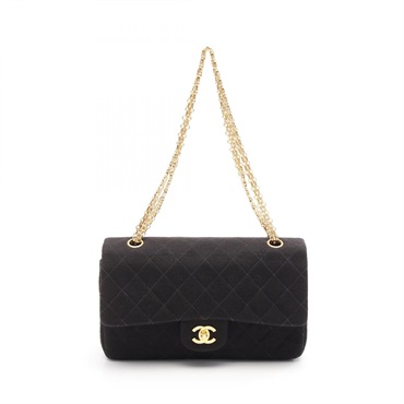 CHANEL Matelasse double flap Chain Shoulder Bag cotton Black Used Women GHW CC