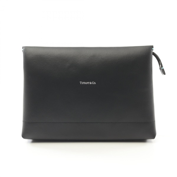 TIFFANY＆CO Large Shopping Pouch business clutch bag leather Black Used Women