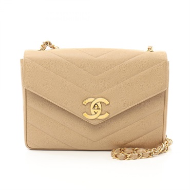 CHANEL V stitch chain crossbody Shoulder Bag leather Beige Used GHW