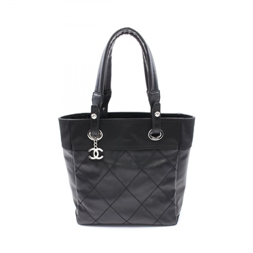CHANEL Paris Biarritz PM Tote hand Bag A34208 canvas leather Black Used SHW