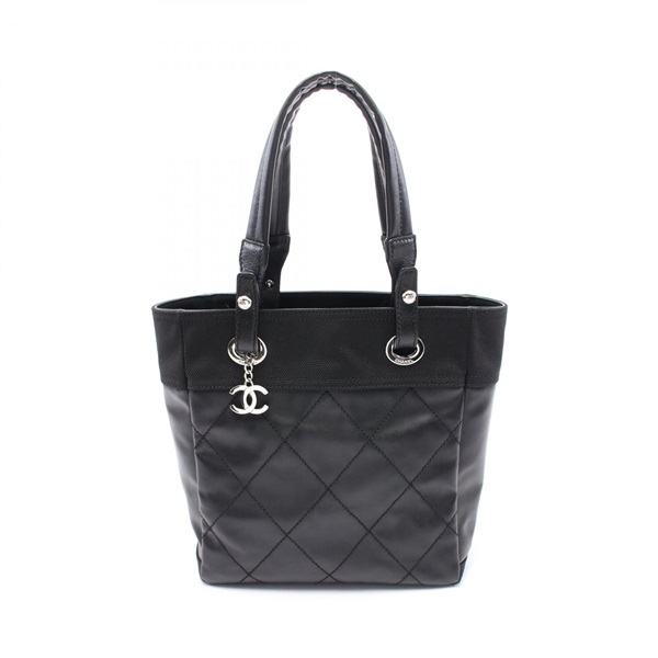 CHANEL Paris Biarritz PM Tote hand Bag A34208 canvas leather Black Used SHW