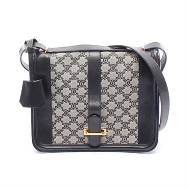 CELINE Triomphe Shoulder Bag crossbody canvas leather Navy Gray Used Women GHW