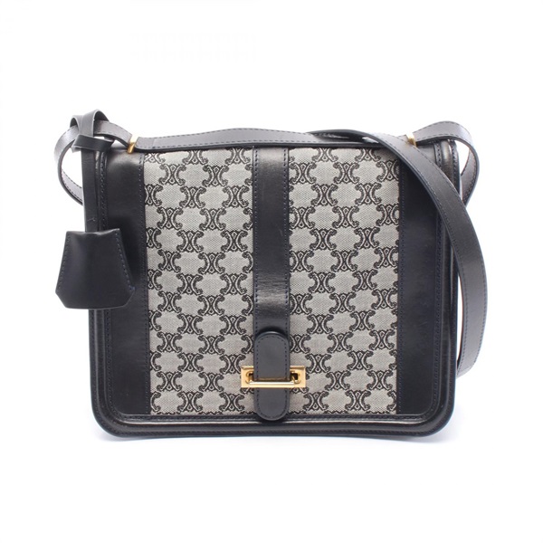CELINE Triomphe Shoulder Bag crossbody canvas leather Navy Gray Used Women GHW