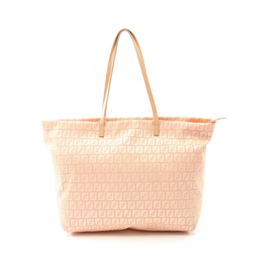 FENDI Zucchino Tote Shoulder Bag Canvas Leather Pink Beige Used Women