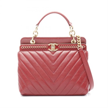 CHANEL Chevron V Stitch 2way Shoulder Bag Lamb sheep leather Red Used GHW CC