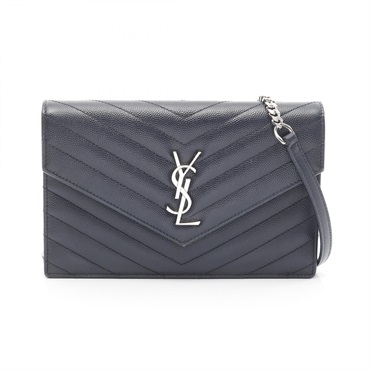 SAINT LAURENT PARIS Monogram envelope chain Shoulder Bag leather Navy Used WOC