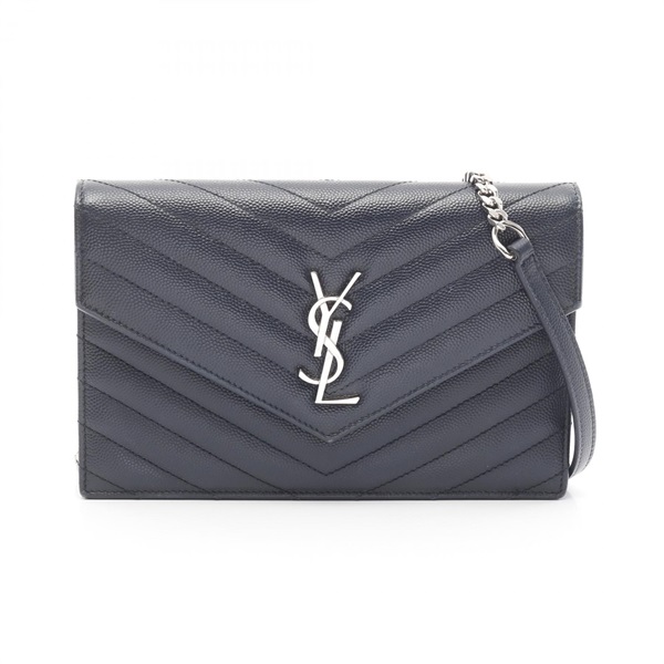 SAINT LAURENT PARIS Monogram envelope chain Shoulder Bag leather Navy Used WOC