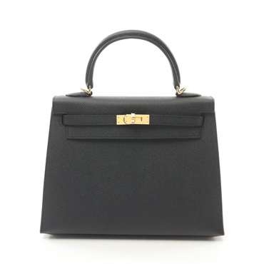 HERMES Kelly 25 shoulder Hand bag W Outside stitched 038416CC Epsom Black GHW