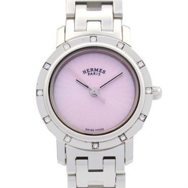 HERMES Clipper Nacre Diamond Bezel Wrist Watch CL4.230 Quartz SS Used Women