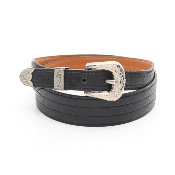 HERMES belt ceinture #90 leather Black Used SHW