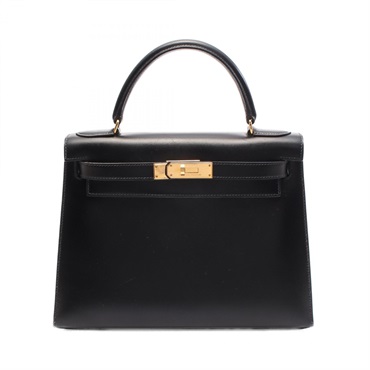 HERMES Kelly 28 shoulder Hand bag W Outside stitched Box calf leather Black GHW