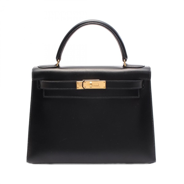 HERMES Kelly 28 shoulder Hand bag W Outside stitched Box calf leather Black GHW