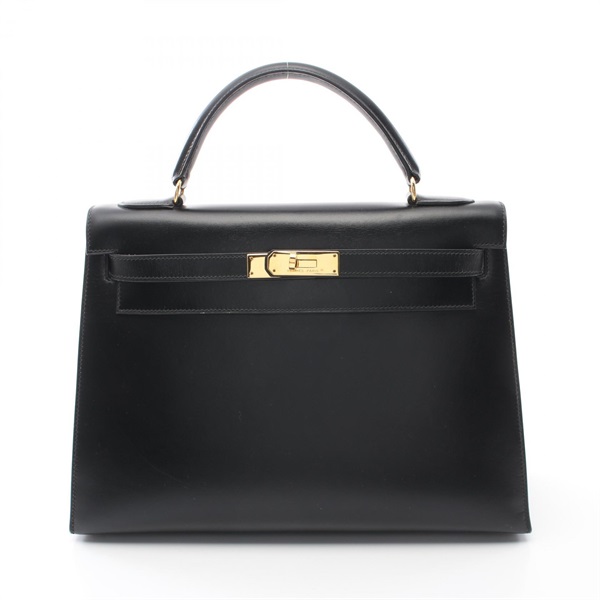 HERMES Kelly 32 Hand shoulder bag V Outside stitched Box calf leather Black GHW
