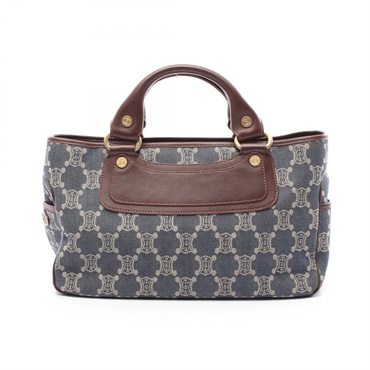 CELINE Boogie Paris Macadam Hand bag denim leather Navy Beige Brown Used