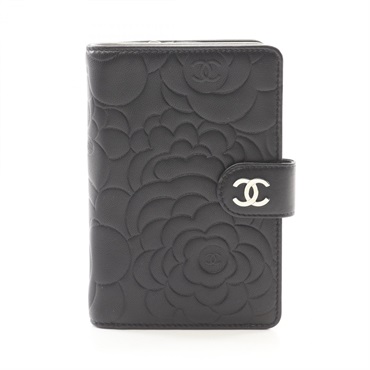CHANEL Camelia Bi-fold wallet Lamb skin sheep leather Black Used Women SHW CC