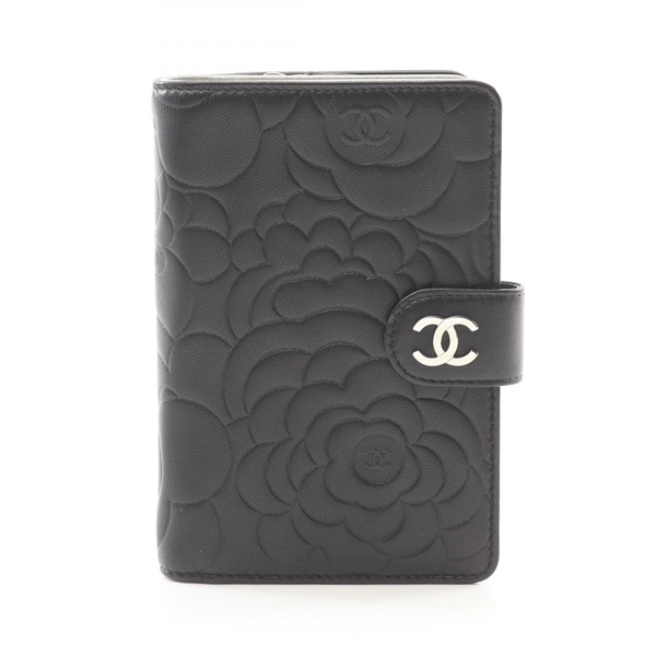 CHANEL Camelia Bi-fold wallet Lamb skin sheep leather Black Used Women SHW CC