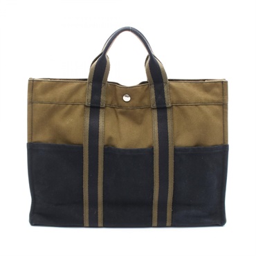 HERMES Fourre-tout MM Tote hand Bag Cotton canvas Khaki Black Used