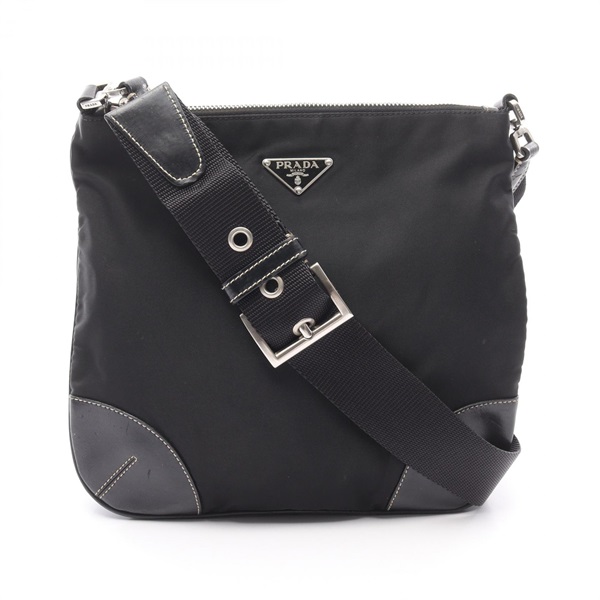PRADA Shoulder crossbody Bag Nylon leather Black Used Women logo SHW