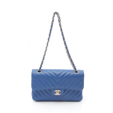 CHANEL Chevron V-Stitch W-Flap Chain Shoulder Bag Lambskin Leather Blue GHW Used