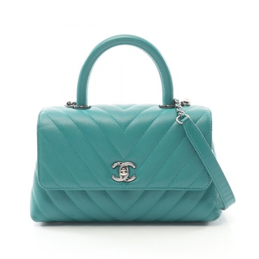 CHANEL Coco Handle V Stitch Flap 2way Handbag A92990 leather Green Used SHW CC