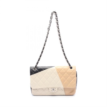 CHANEL Matelasse W flap chain Shoulder Bag Lamb leather Black White Beige Used