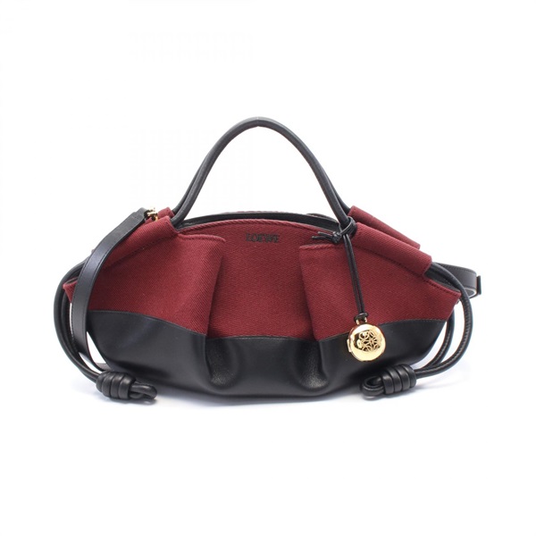 LOEWE PASEO Paseo Small Shoulder Handbag Canvas Leather Bordeaux Black Used