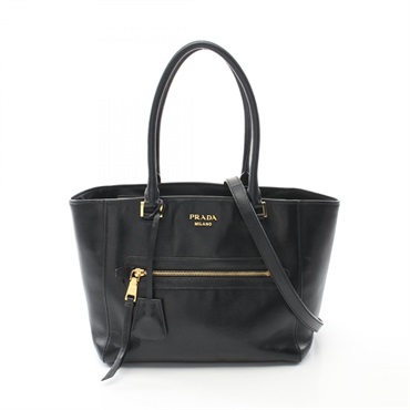 PRADA GLACECALF Hand tote shoulder bag 1BG227 leather Black Used