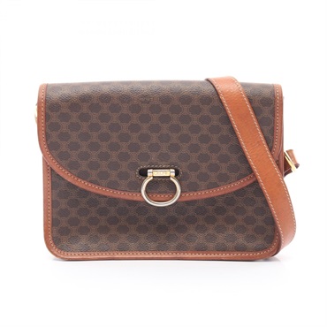 CELINE Macadam Shoulder Bag crossbody PVC coated canvas leather Brown Used Women