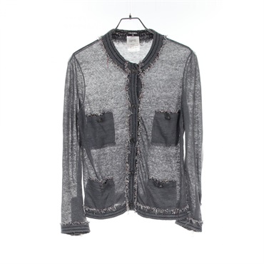 CHANEL Tweed trim cardigan jacket P37863K02554 Fabric silk Gray Used Women #38