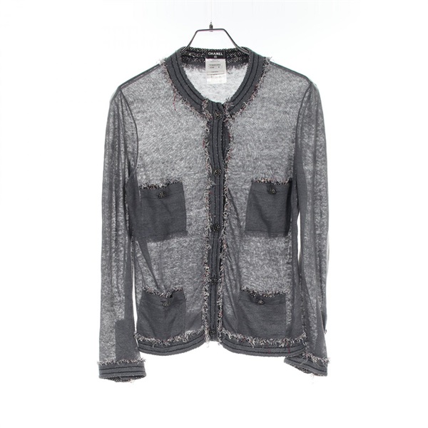CHANEL Tweed trim cardigan jacket P37863K02554 Fabric silk Gray Used Women #38