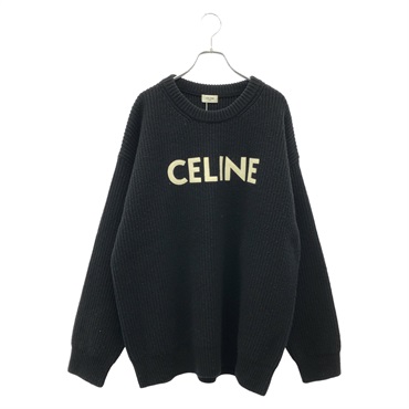 CELINE knitwear sweater Logo Lambskin sheep leather Black Used mens size logo