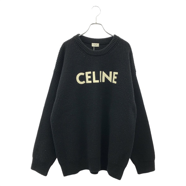 CELINE knitwear sweater Logo Lambskin sheep leather Black Used mens size logo