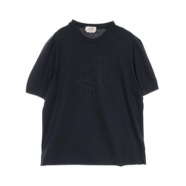 HERMES H 3D embroidery T-shirt #L short sleeves cotton Navy Used