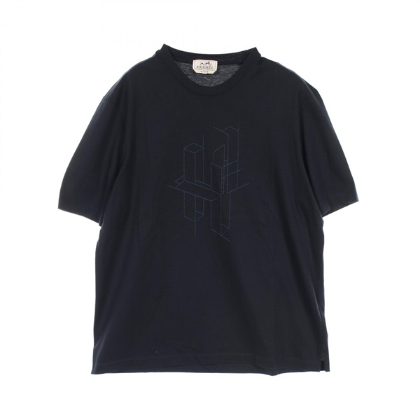 HERMES H 3D embroidery T-shirt #L short sleeves cotton Navy Used