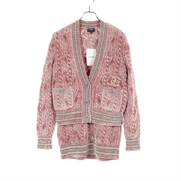 CHANEL COCO Mark Knit Cardigan Skirt Nylon Cashmere Pink Used Women JK34 SK36