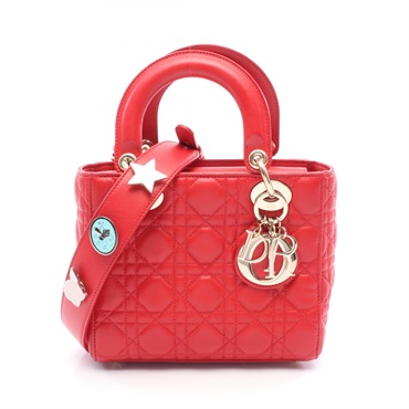 Christian Dior Lady Dior Small Cannage Crossbody Tote Handbag Lambskin Red Used