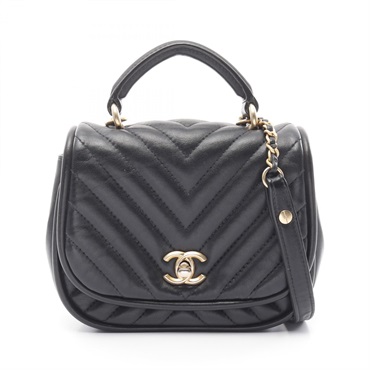 CHANEL Chevron V Stitch 2way Shoulder Bag Lamb sheep leather Black Used GHW CC