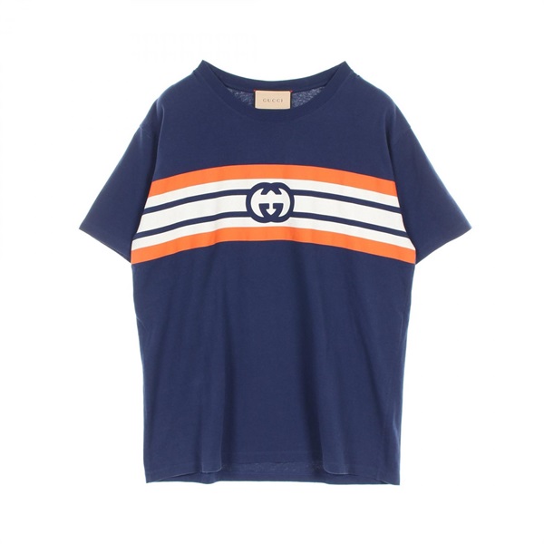 GUCCI Interlocking G T-shirt 616036 cotton Navy White Orange Used mens #M