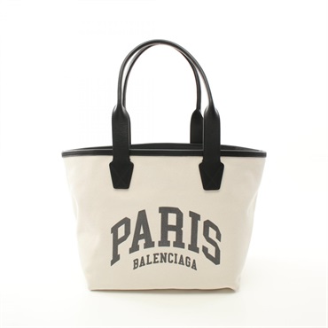 BALENCIAGA Cities Paris Jumbo Tote Bag 692068 canvas leather White Black Used