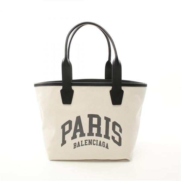 BALENCIAGA Cities Paris Jumbo Tote Bag 692068 canvas leather White Black Used